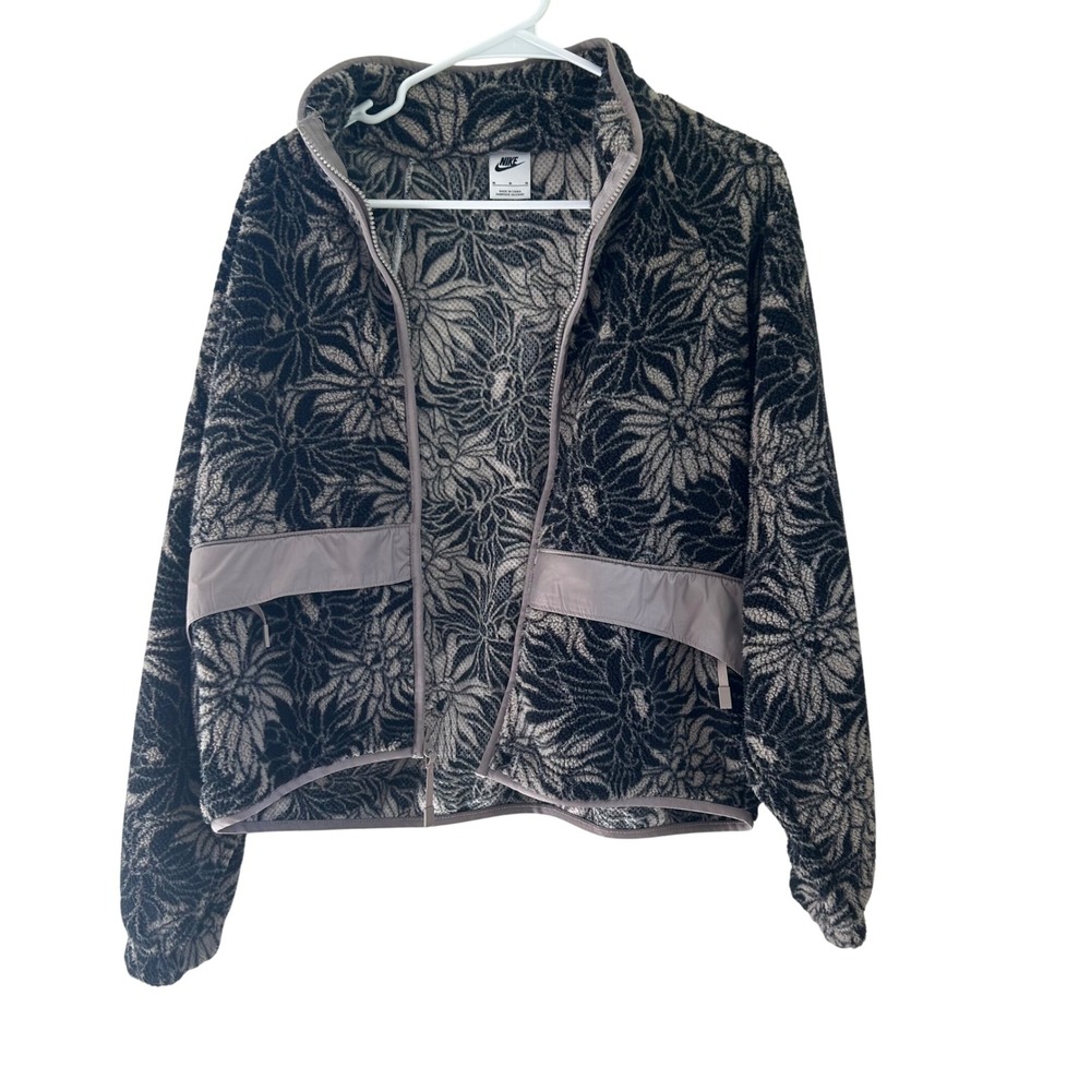 Nike Womens Full Zip Floral Faux Fur Sherpa Fleece Jacket Gray Black Size M